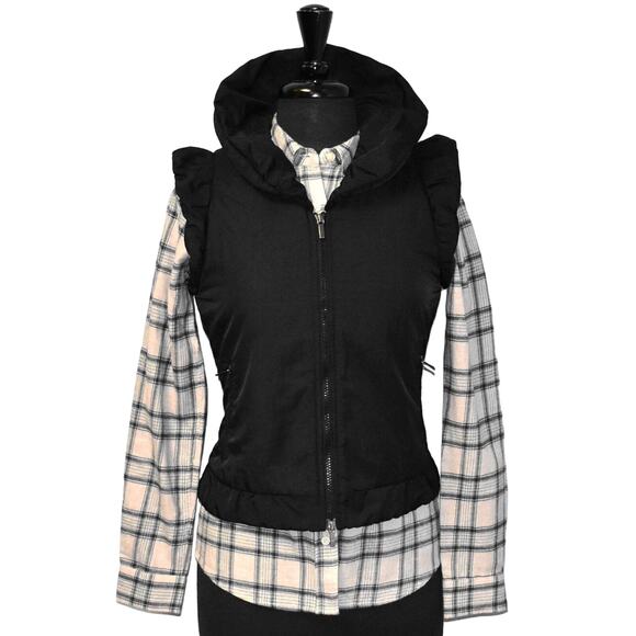 B0 LAFAYETTE 148 Black Ruffled Collar & Sleeve Sturdy Zippers Puff Vest Size S - Picture 3 of 6